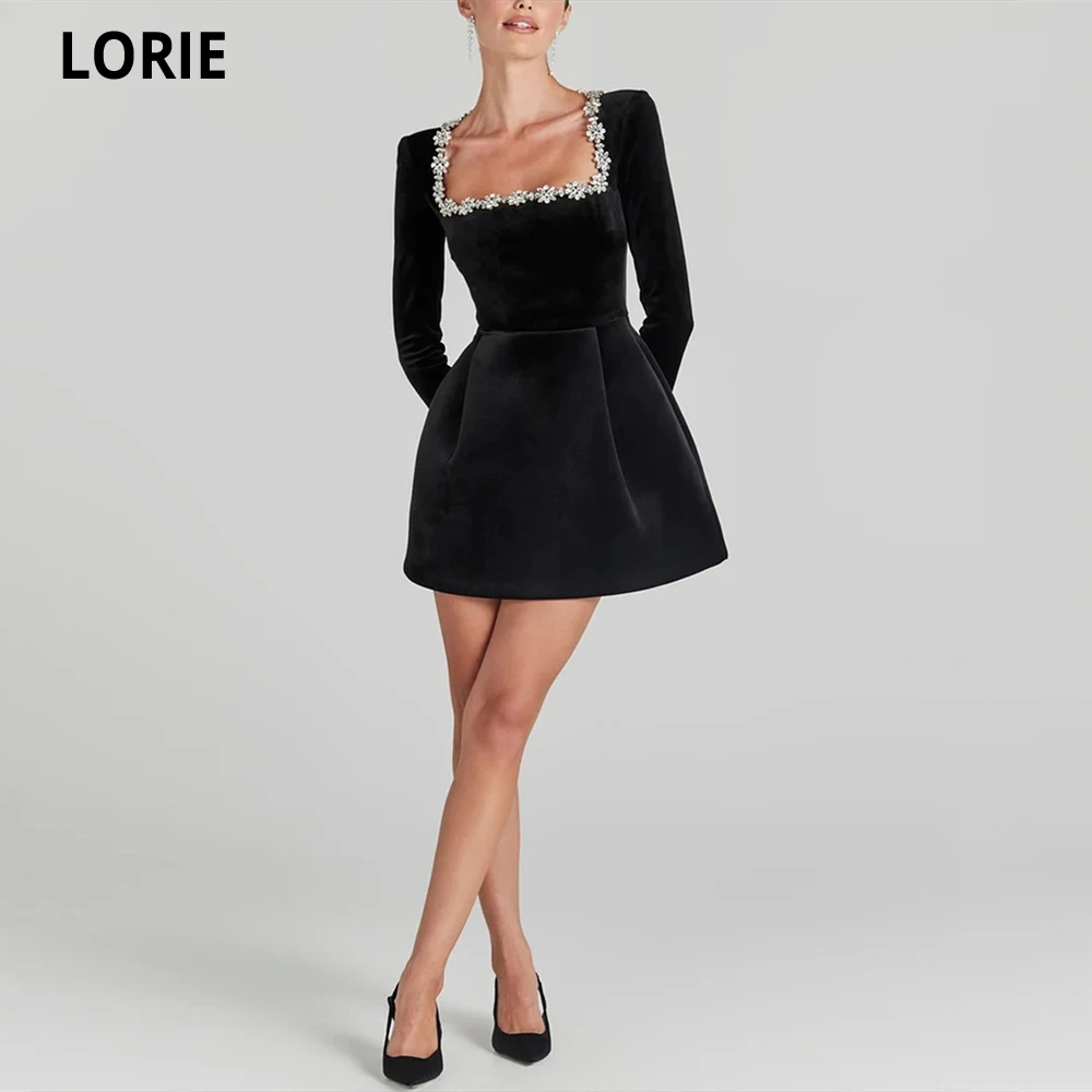 

LORIE Short/Min Prom Dresses For Women Long Sleeves Club Party Dresses Sqaure Neck Crystals Pocket Elegant Vestidos Para Mujer