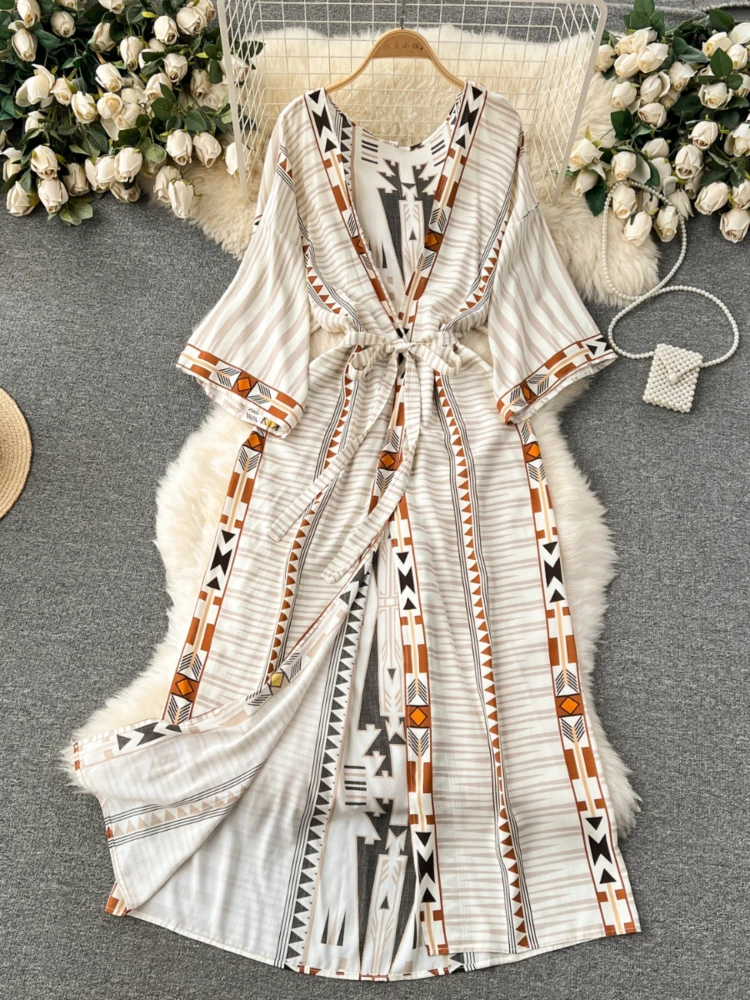 Women Beach Thin Coat Spring Summer Retro Print Slim Long Shawl Cardigan Jacket Female Long Sleeve Loose Boho Style Outwear