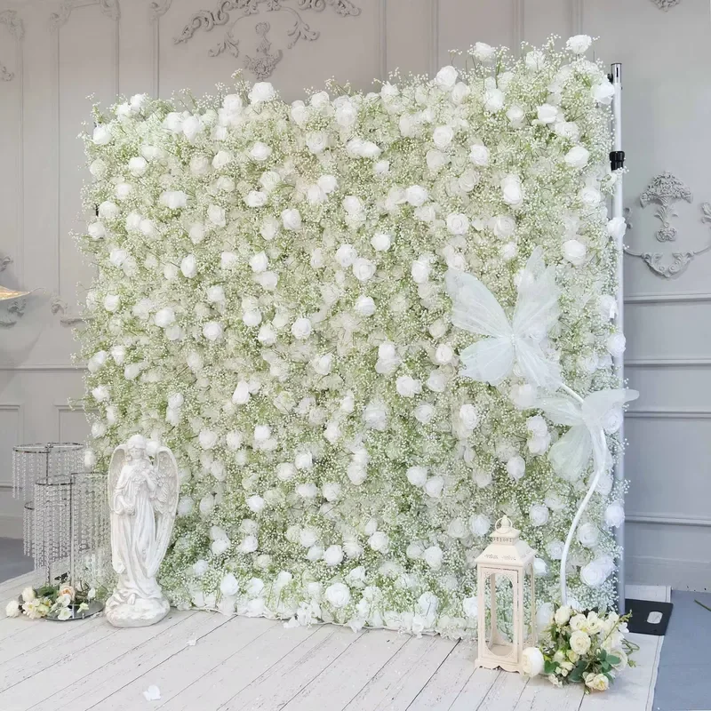 White Gypsy Fabric Artificial Flower Wall Simulation Floral Backdrop for Wedding Birthday Party Event Background Decoration