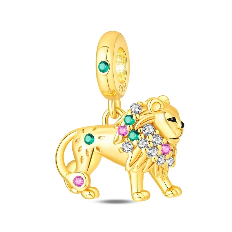 

New 925 Sterling Silver Colorful Zirconia Gold Lion Charms Pendant Fit 3mm Original Bracelet DIY Women Birthday Jewelry Gift