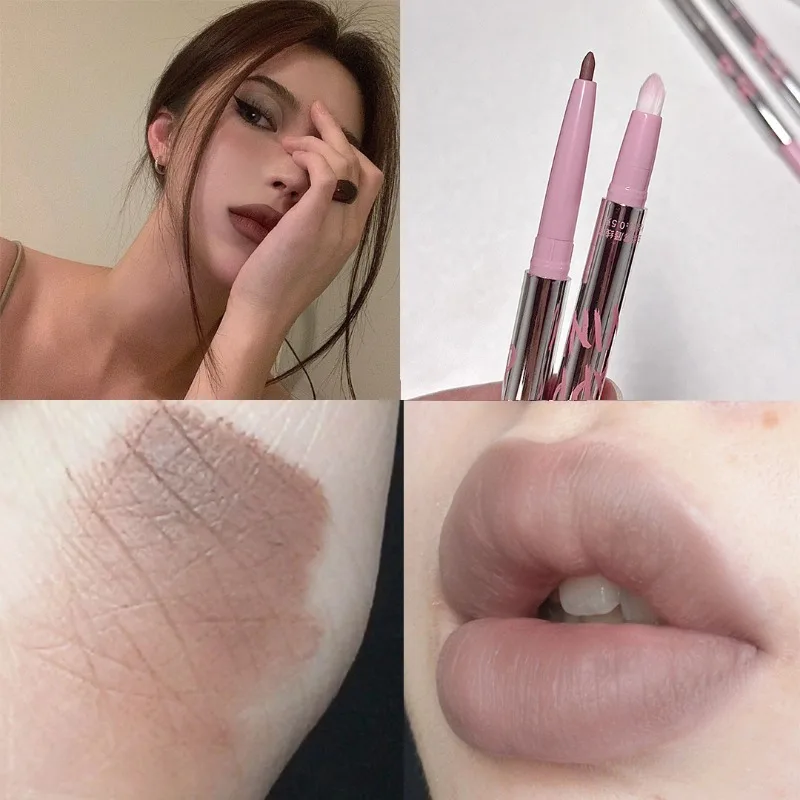 Delineador de labios de doble punta y pincel, lápiz de contorno de labios, lápiz labial desnudo, herramienta de maquillaje definida, fórmula resistente al agua de larga duración