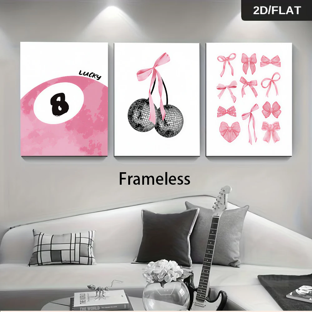 3PCS Frameless,1 Set Modern Minimalist triptych frameless Wall Art, Lucky Number 8 Bow Cherry for Living Room Bedroom Hallway Wa