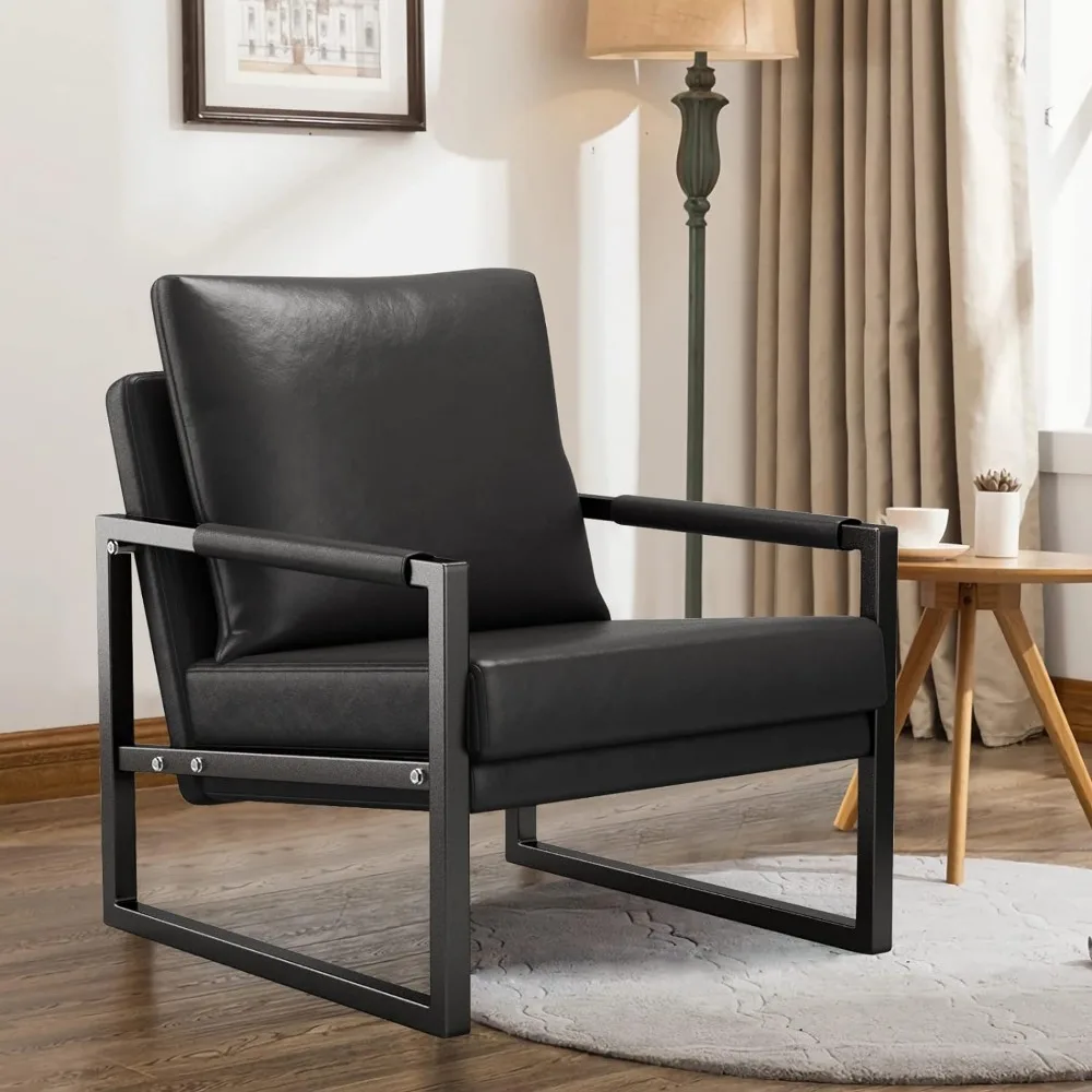 

Modern Faux Leather Armchair with Extra-Thick Padded Backrest and Metal Frame for Living Room and Bedroom Furniture