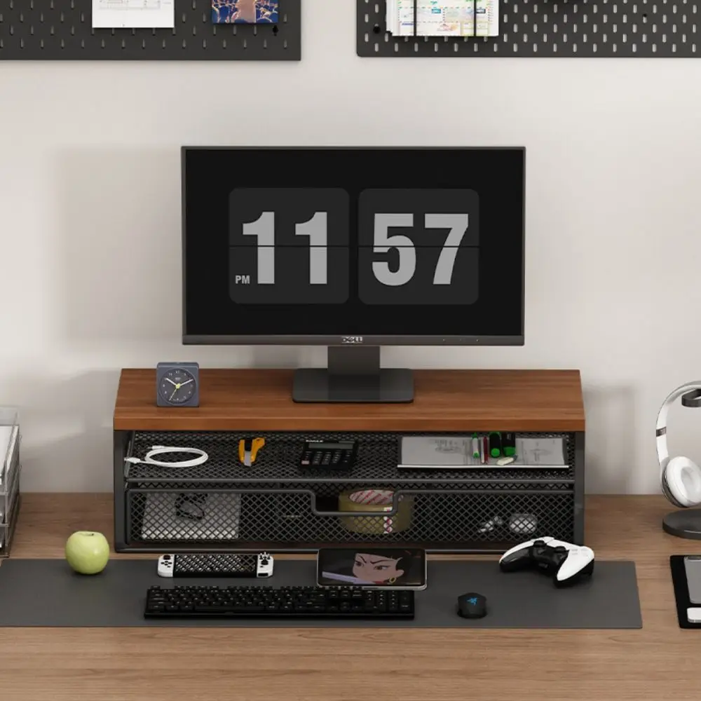2-Tier Design Computer Monitor Stand Metal Mesh With Drawer Laptop Computer Storage Shelf Large Load Bearing Multi-Purpose