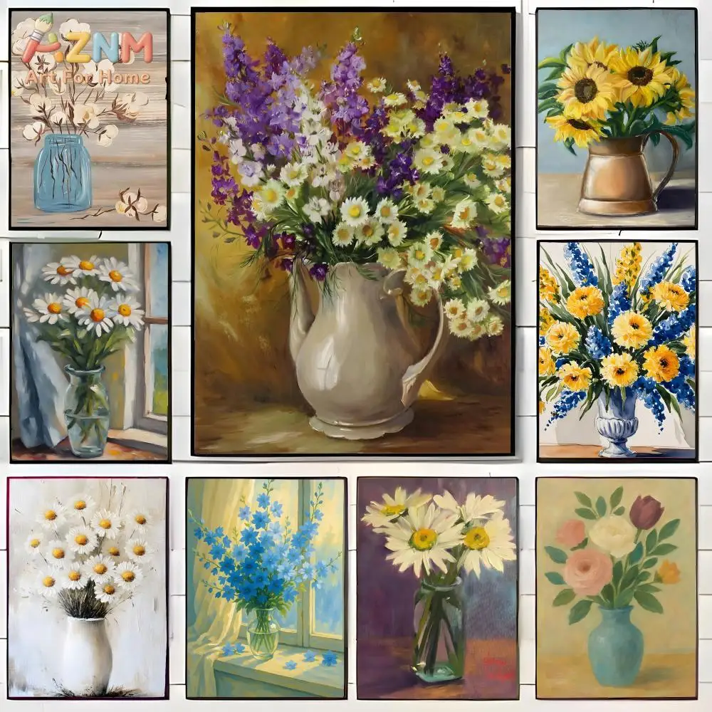 AZNM Impression sur toile vintage style nature morte florale, Tournesol, Marguerite, Lavande, Fleurs sauvages en vase, style peinture à l'huile, Art mural sur toile non encadrée