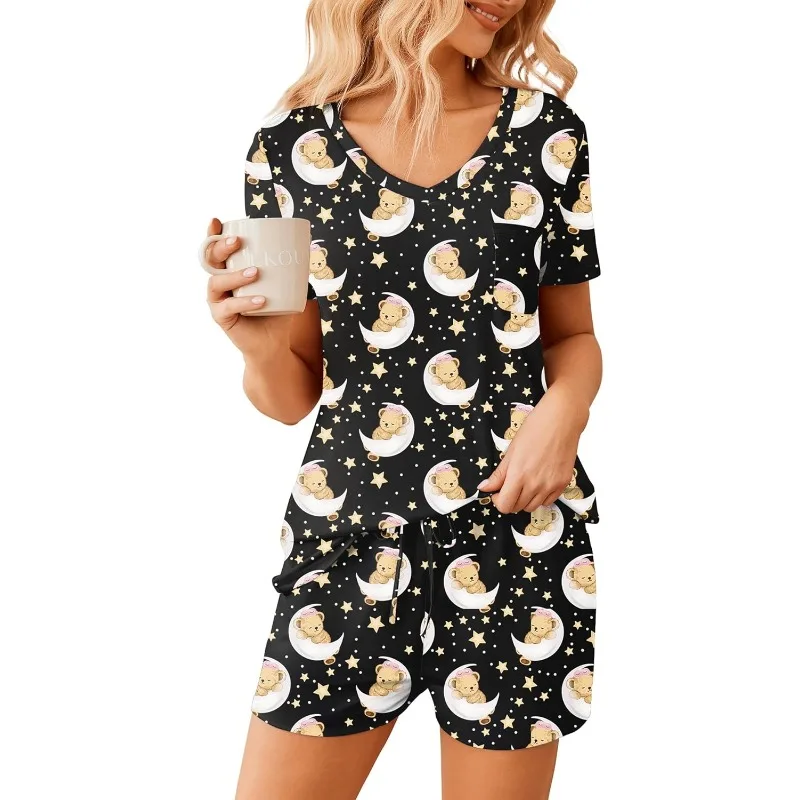 

Женские пижамные комплекты, пижамы с короткими рукавами для женщин, мягкие комплекты для отдыха, повседневная одежда для сна с v-образным вырезом PJS