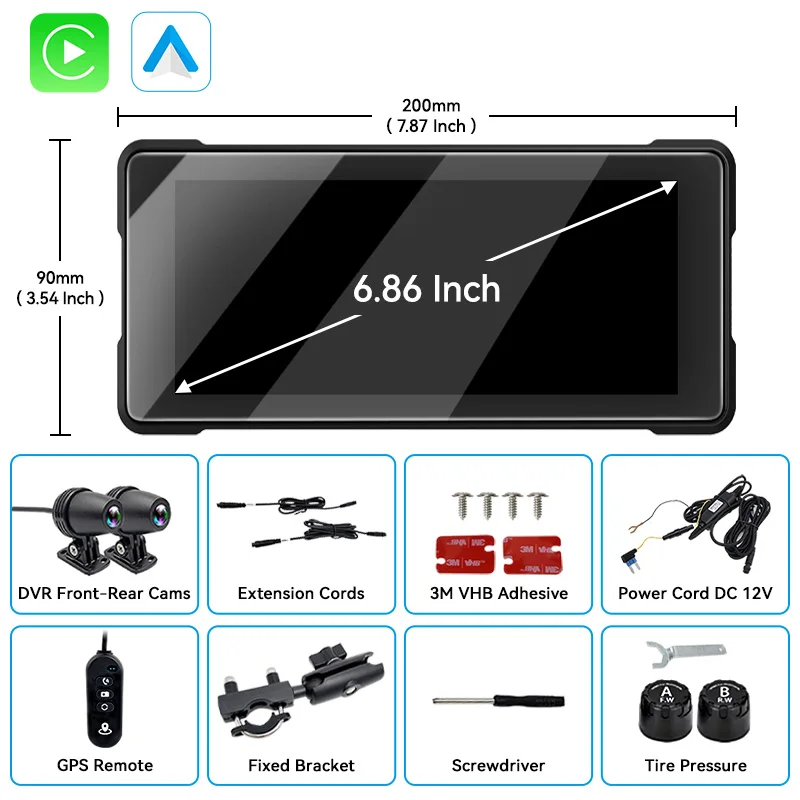 VENBES Motorfiets Carplay 6.86 Inch Draagbaar GPS Scherm IP67 Draadloos Carplay Android Auto Motorfiets Navigatie Waterdicht