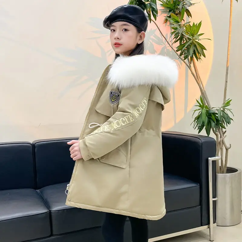 Girls Down Cotton Coat Jacket Outerwear 2022 Green Warm Plus Thicken Velvet Winter Autumn Children's Clothing