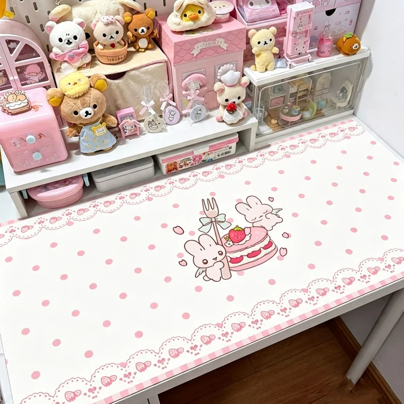 Leather PU Desk Pad Protector Pink Polka Dot Kawaii Girl Bunny Y2K Mousepad Office Desk Mat Waterproof Non-Slip Desk Blotter Pad