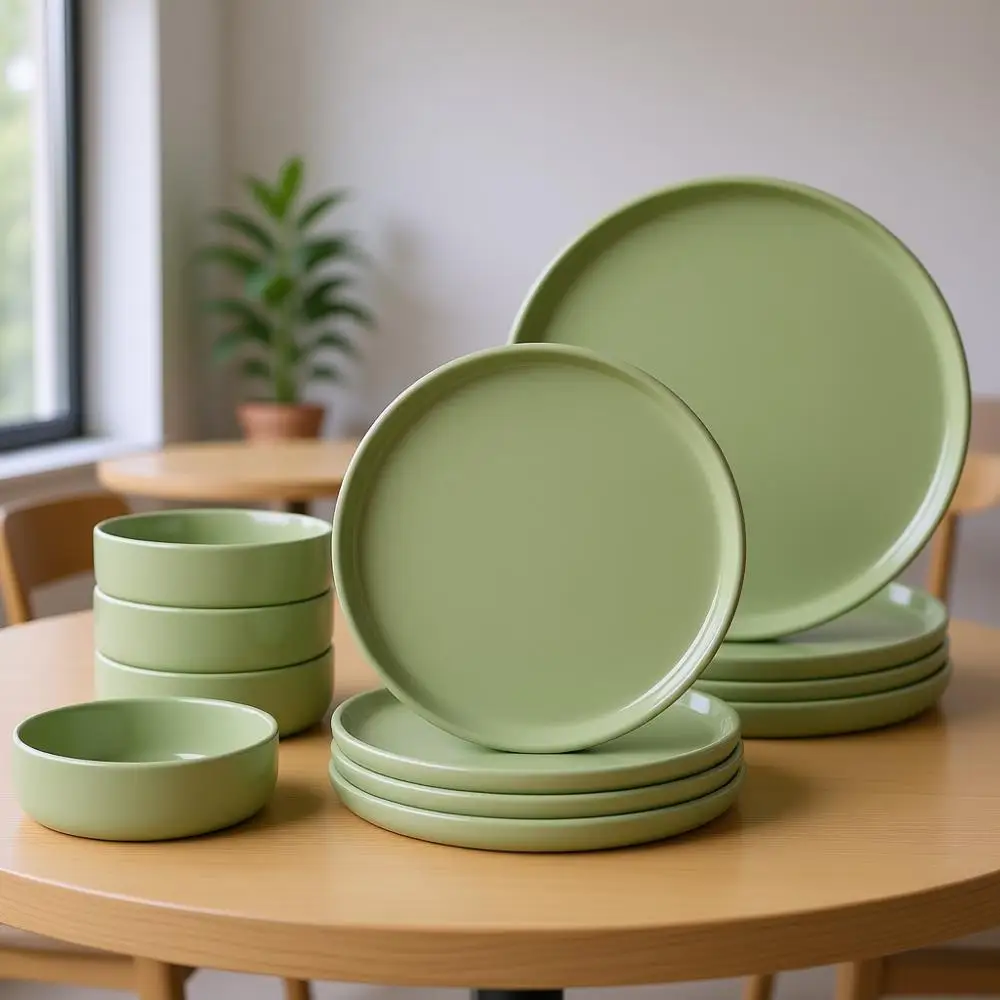 

Набор посуды из глазурованной керамики, 12 предметов, 4 полных сервиза, можно мыть в посудомоечной машине, цвет оливковый