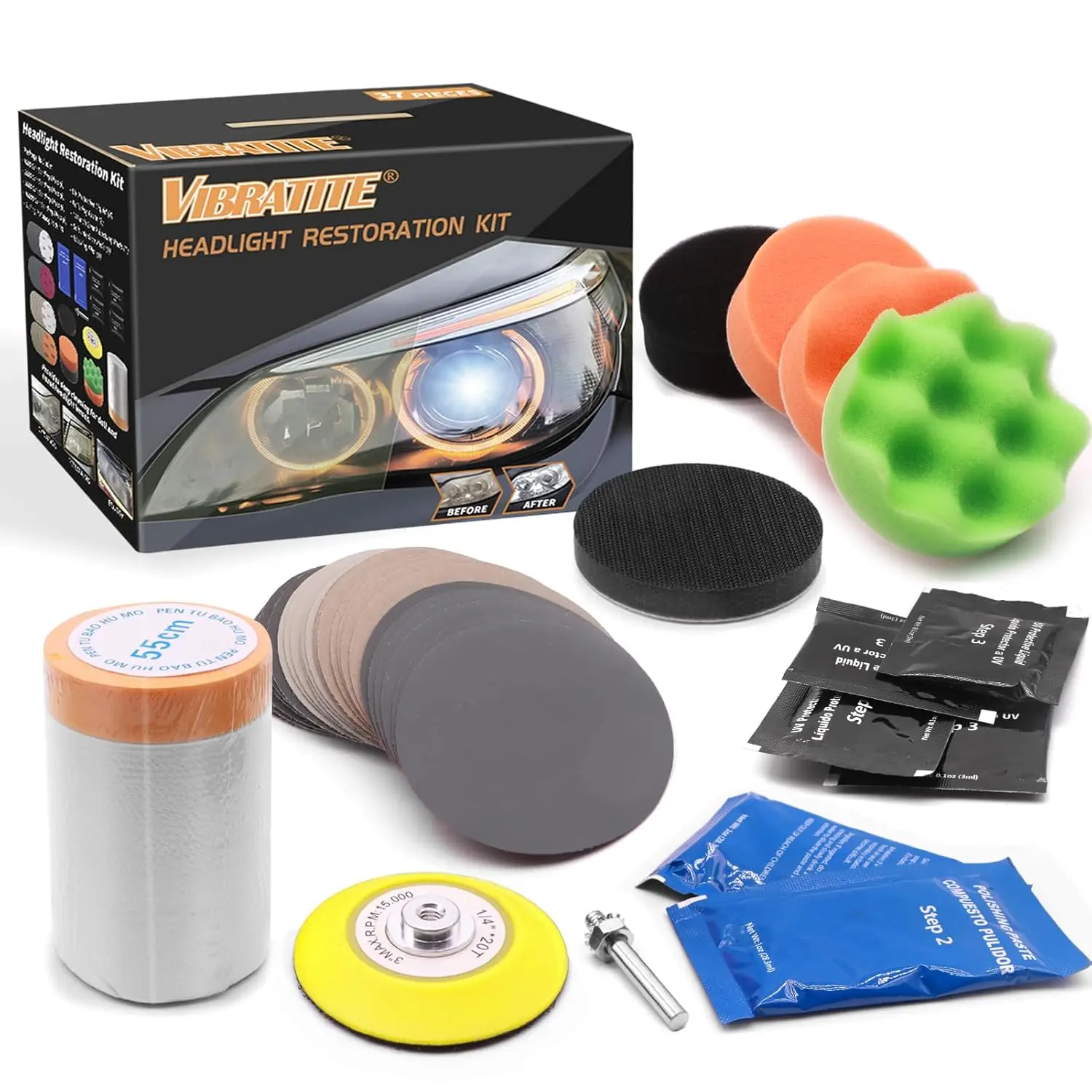 3Inch 75MM Car Headlight Restoration Kit 26/37Pcs with Drill Buffing Sponge Polishing Pads Headlight Lens Cleaner and Restorer