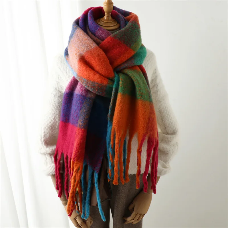 Autumn Winter Luxury Women Scarves 240*38cm Men Thickening Warm Scarf Rainbow Plaid Tassel Shawl Cashmere Imitation Fashion Wrap