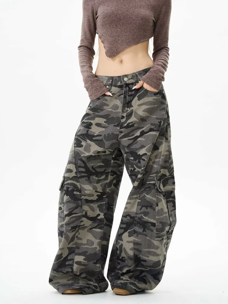 2025 Trashy Y2K ملابس الشارع الشهير سراويل جينز فضفاضة مموهة للنساء 90S ملابس عتيقة ملابس داخلية واسعة الساق سراويل نسائية