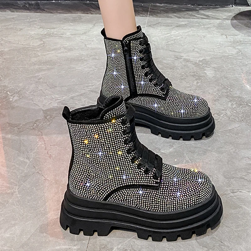 Crystal Flats Platform Ankle Boots Women Shoes Dress Fashion New 2024 Winter Casual Women Shoes Comort Warm Chaussures Femme