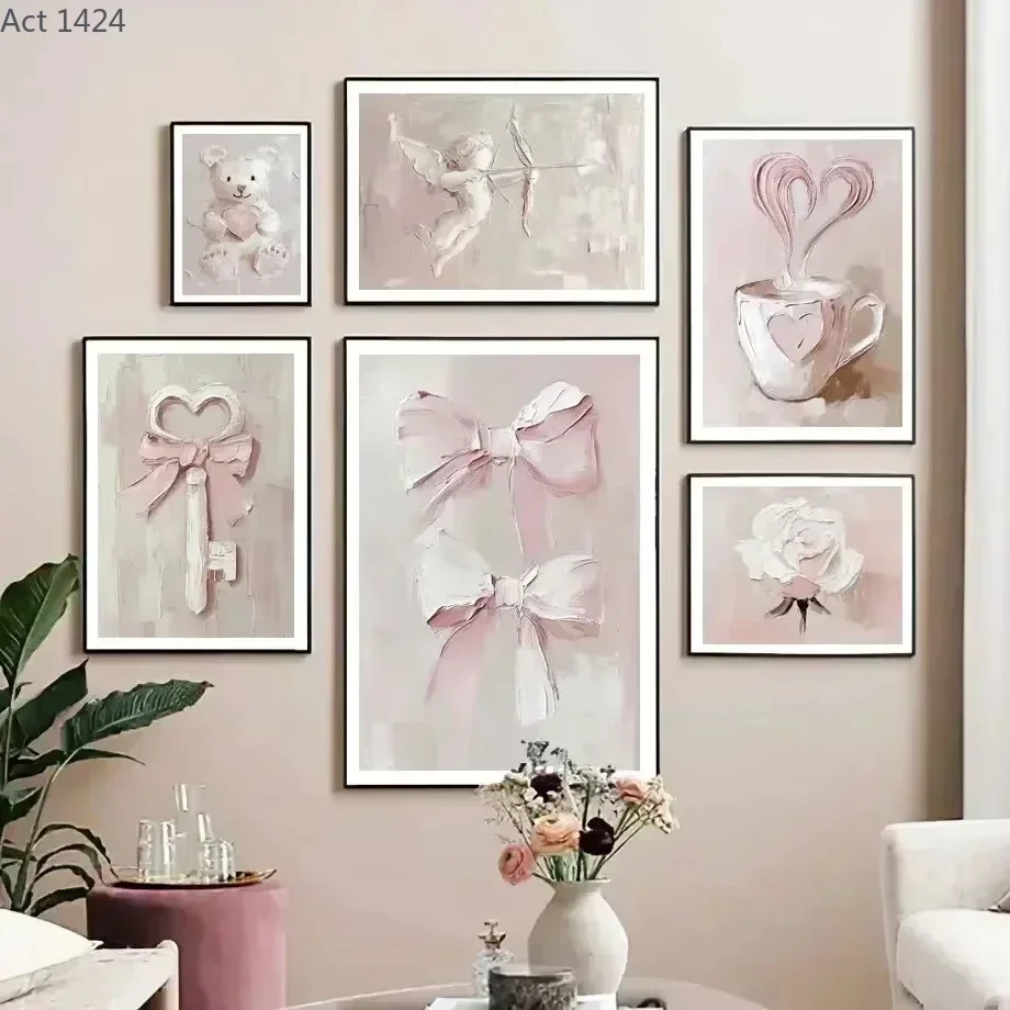 1pc Pink Girl Heart Retro Aesthetic Canvas Painting Little Bear Bow Love Butterfly Cupid Poster Home Room Decoration