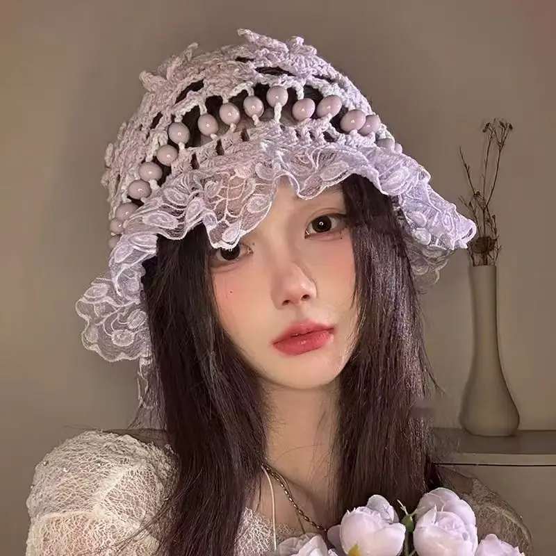 Ladies' Bucket Hats Lace Beads Korean Ethnic Style Handmade Woven Hollow Out Sweet Fashionable Versatile Pullover Hats For Girl