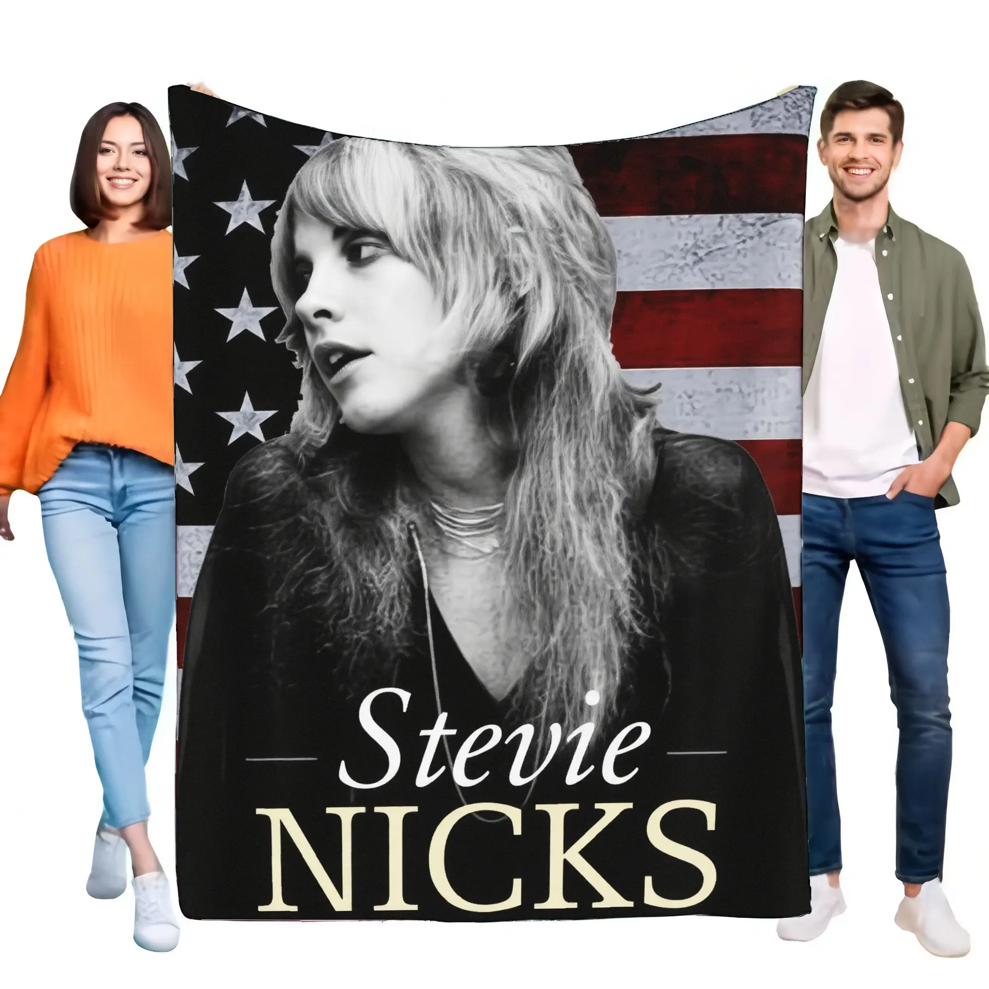 Stevie Nicks American Flag Photo Blanket Tapestry Soft Throw Fabric Decorative Item with Bold White and Yellow Text, Perfect for
