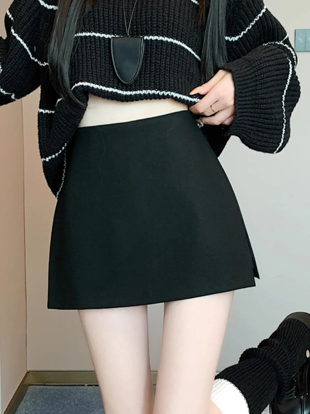 Gray Woolen High Waist Slit A-Line  Skirt Women's Autumn Winter Short Skirt Slimming Half-length Polyester Fabric
