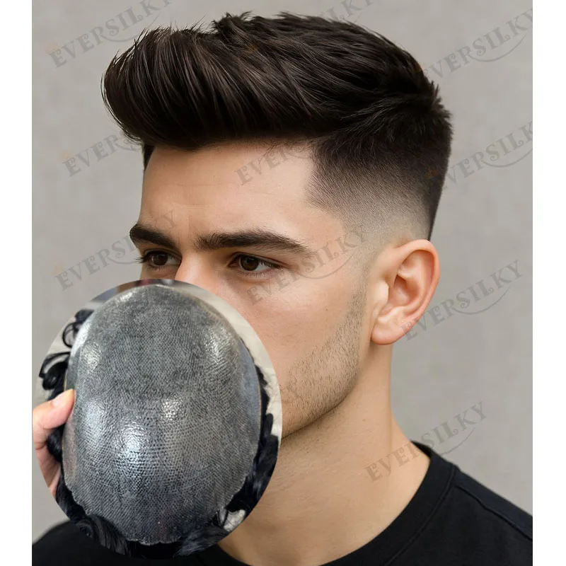 

Натуральный капиллярный протез для волос Natural Frontline, с волнистыми концами, натуральный черно-серый цвет, мужской парик из натуральных волос, основа из ПУ 0,1 мм, система замещения волос