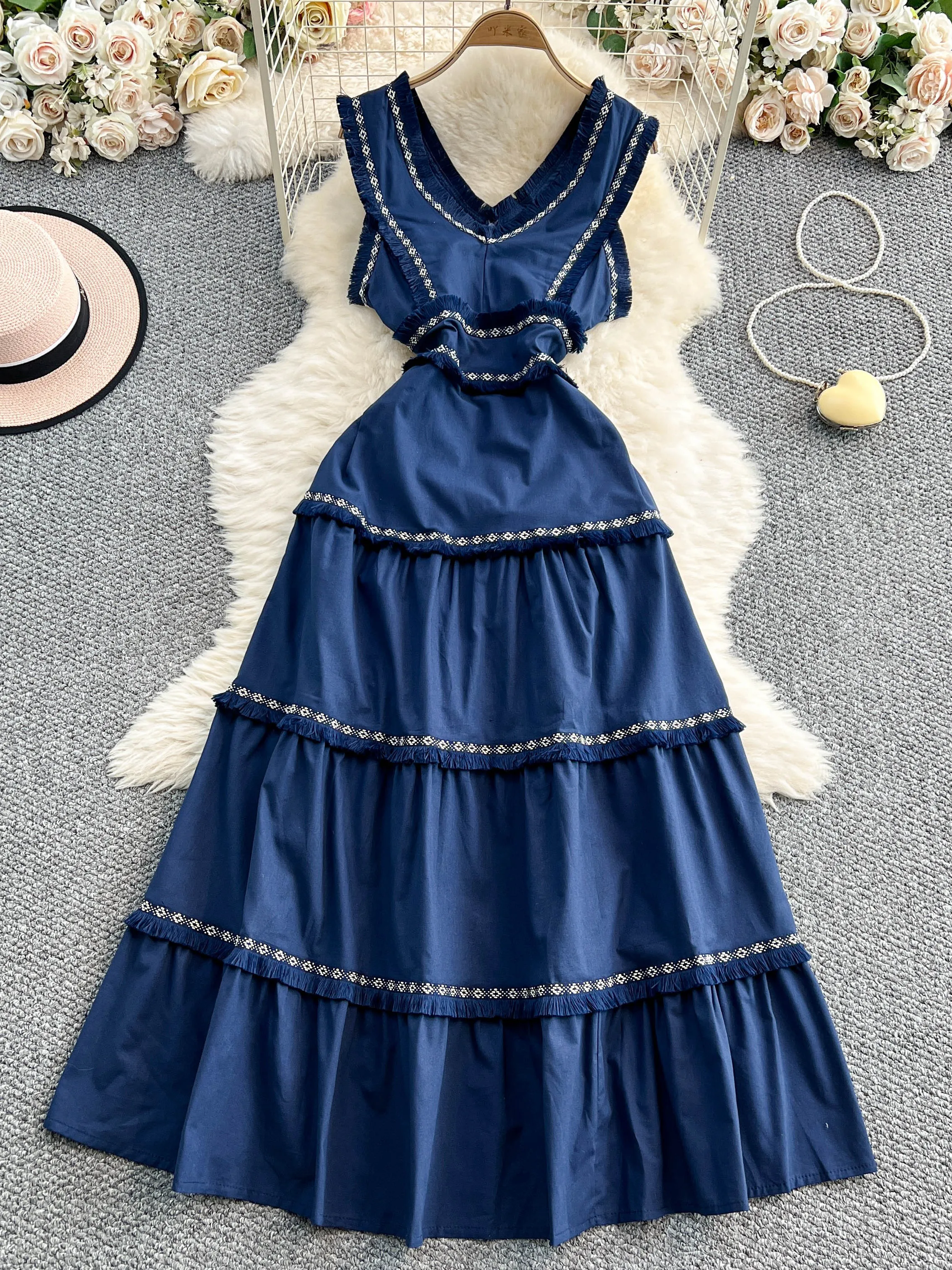 

Retro Woven Tassel V-neck Sleeveless Dress for Women Summer Causal Cake Long Dresses