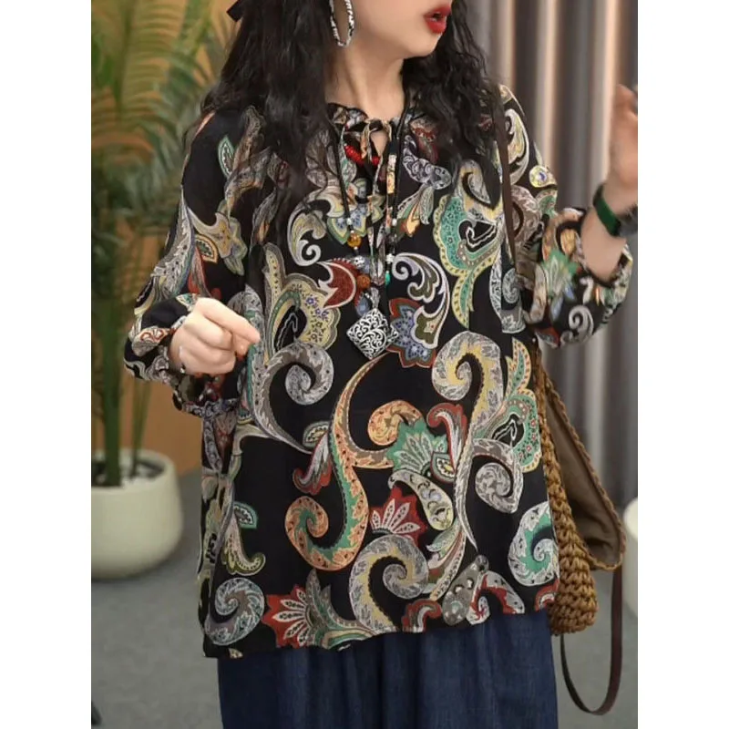 Spring Autumn New Women's Pullovers Spliced Ruffles Crew Neck Tie Up with Printed Vintage Folk Loose Long Sleeve Chiffon Tops