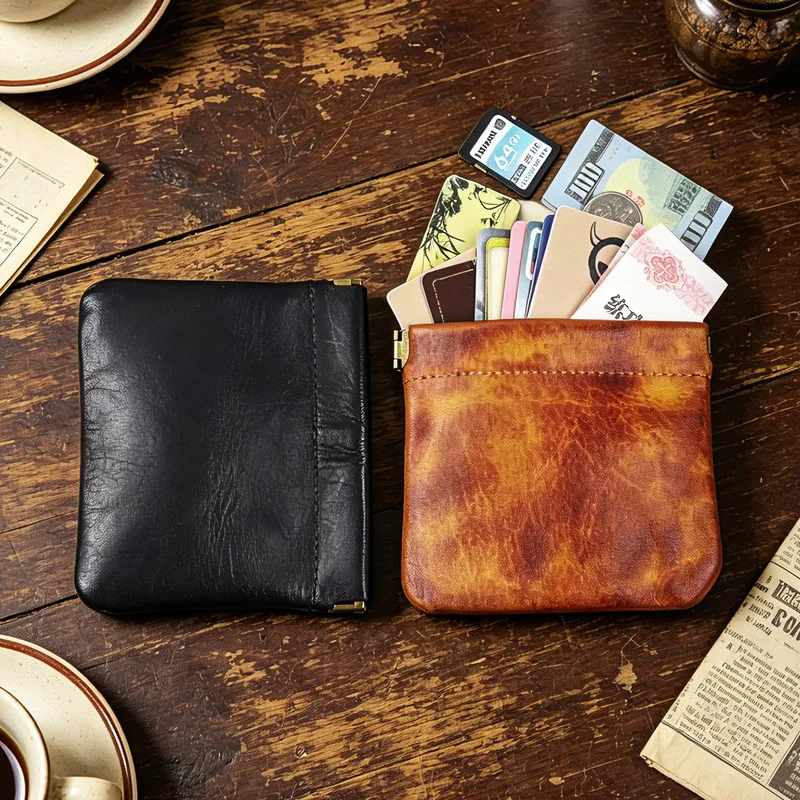 High Quality Genuine Leather Women Wallet Portable Retro Small Storage Bag Automatic Closing Magnetic Male Coin Walet