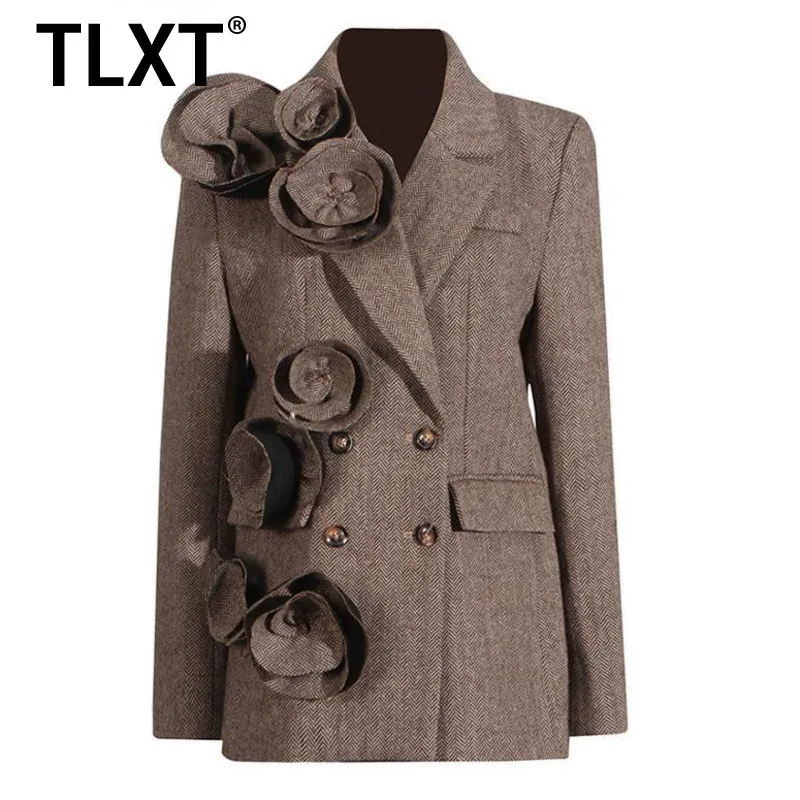 

TLXT Patchwork Appliques Chic Blazers For Women Notched Collar Long Sleeve Spliced Double Breasted Party Coat Female New XK900