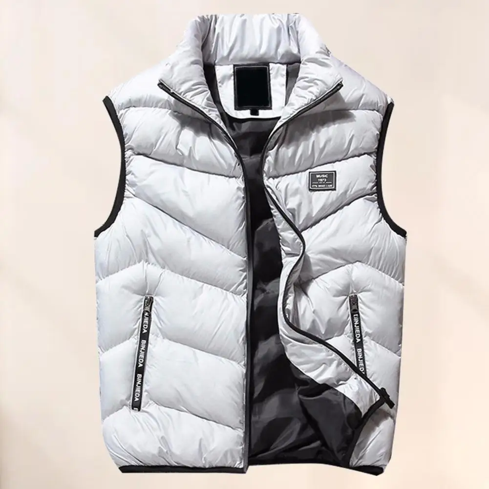 Trendy Sleeveless Jacket  Solid Color Skin-Touch Men Waistcoat  Coldproof Pockets Pockets Vest