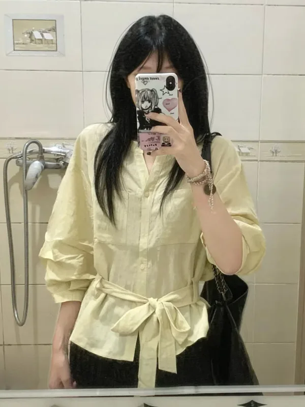 

Fashionable Yellow V-Neck Loose Casual Shirt Women's Commute Style Polyester Fiber Long Sleeve Button up Standard Fit Shirt