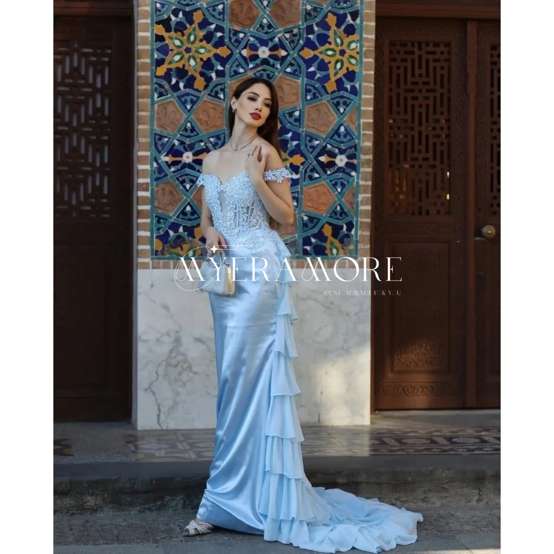 

Light Blue Satin Formal Evening Dresses Off the Shoulder Mermaid Lace Appliques Multi-Layered Tulle Prom Dresses 2025 Customized