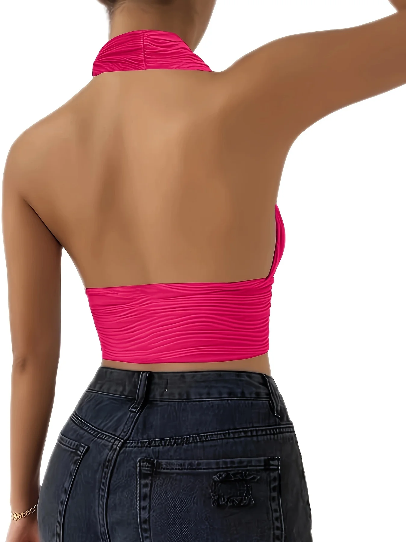 Top corto sin espalda con cuello halter corto de color sólido