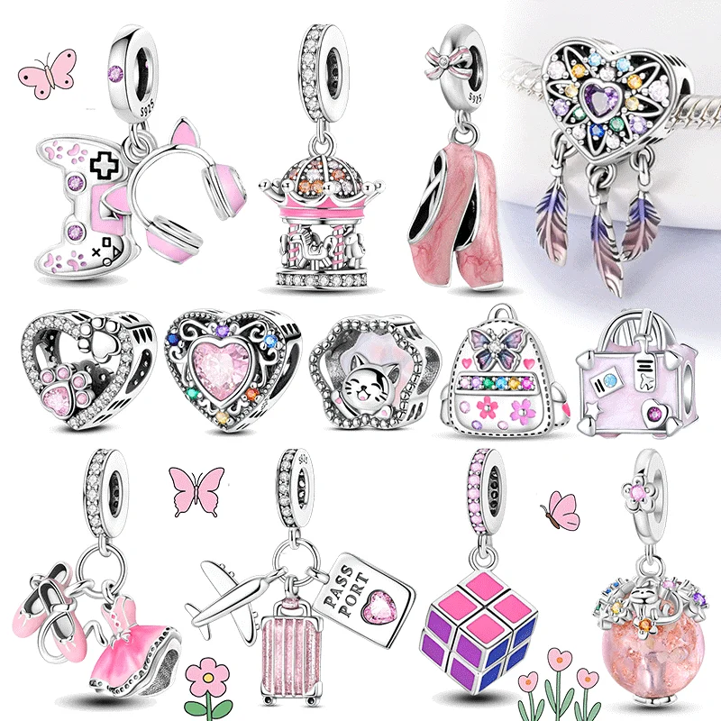 

New 2025 925 Sterling Silver Charms Beads Love Heart Pink Original Charm Pendant Fit Charm Bracelets DIY Jewelry Birthday Gift