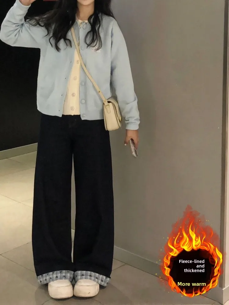 

Retro American Waed Fce Lined Wide Leg Jeans Women's High Waist Loose Slimming Long Trousers Casual Winter Denim