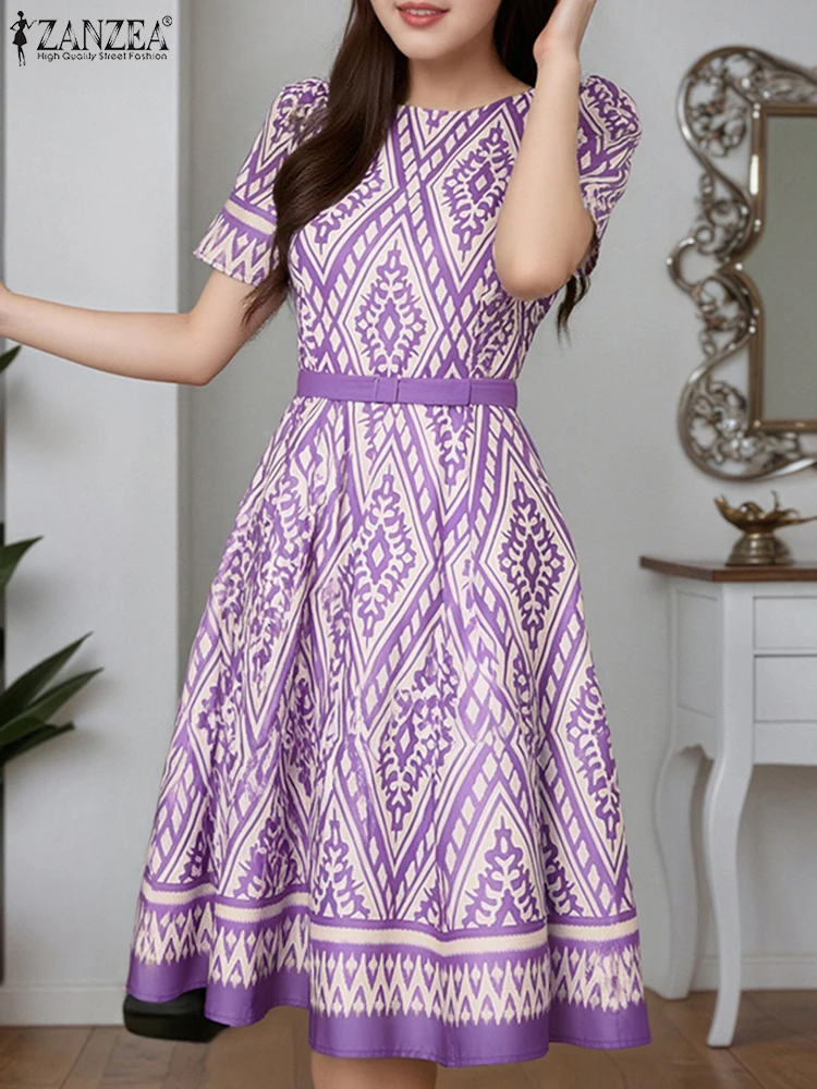 

ZANZEA Elegant Women Ethnic Geometric Print Dress Fashion Boatneck Short Sleeve Fitted Waist A-Line Knee-Length Robes Femme