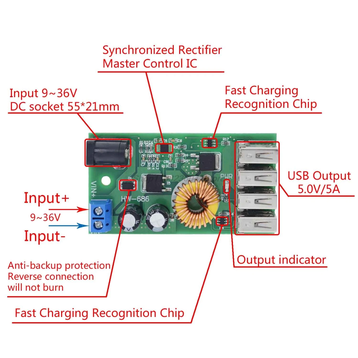 DC-DC 9V 12V 24V 36V To 5V Step Down Board 5A 4 USB Output Buck Converter Power Supply Module with Aluminum Shell For Phones