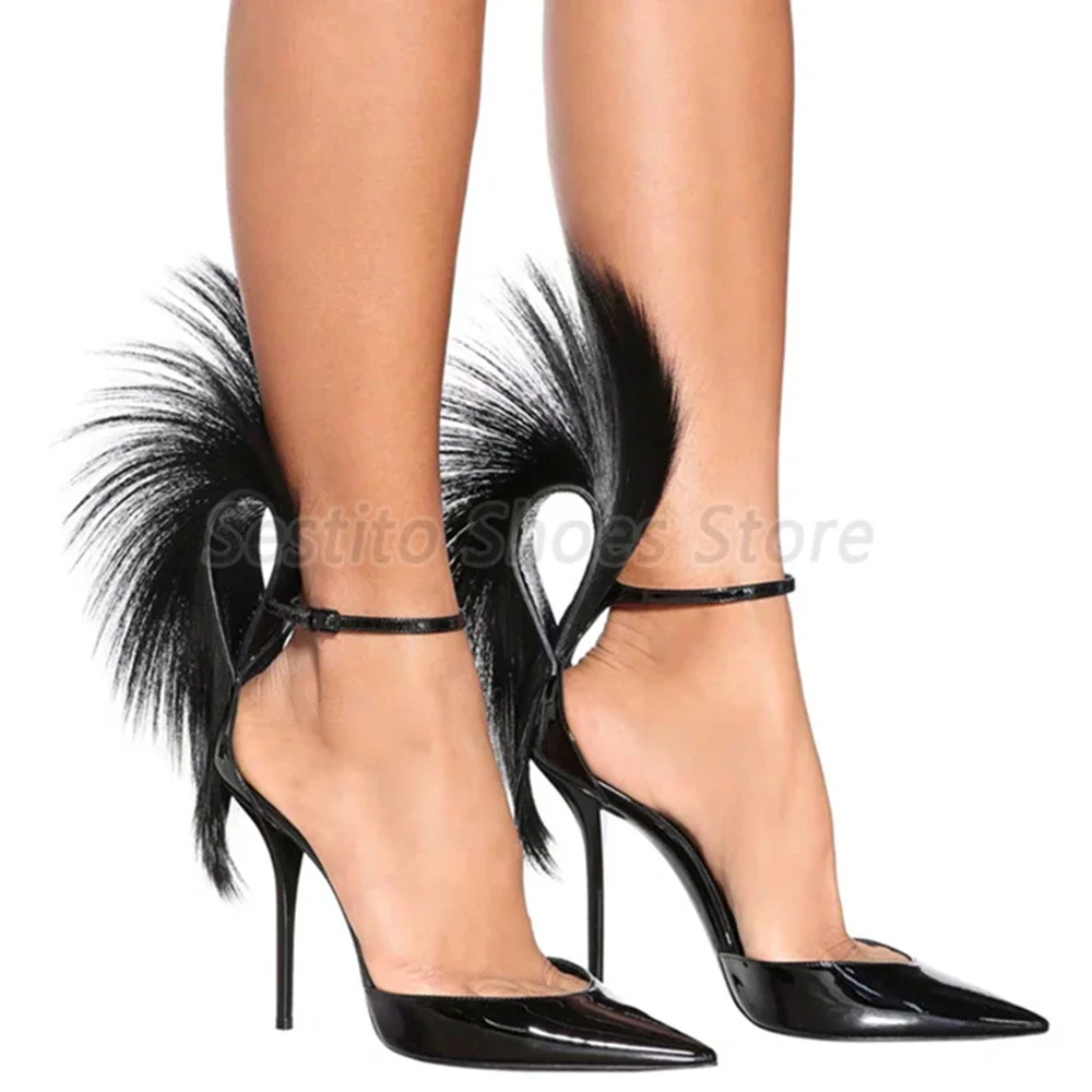 Sexy Black Fur Pointed Toe Sandals for Women Fashion Patent Leather Ankle Strap Thin High Heels Summer Banquet Party Dress Shoes