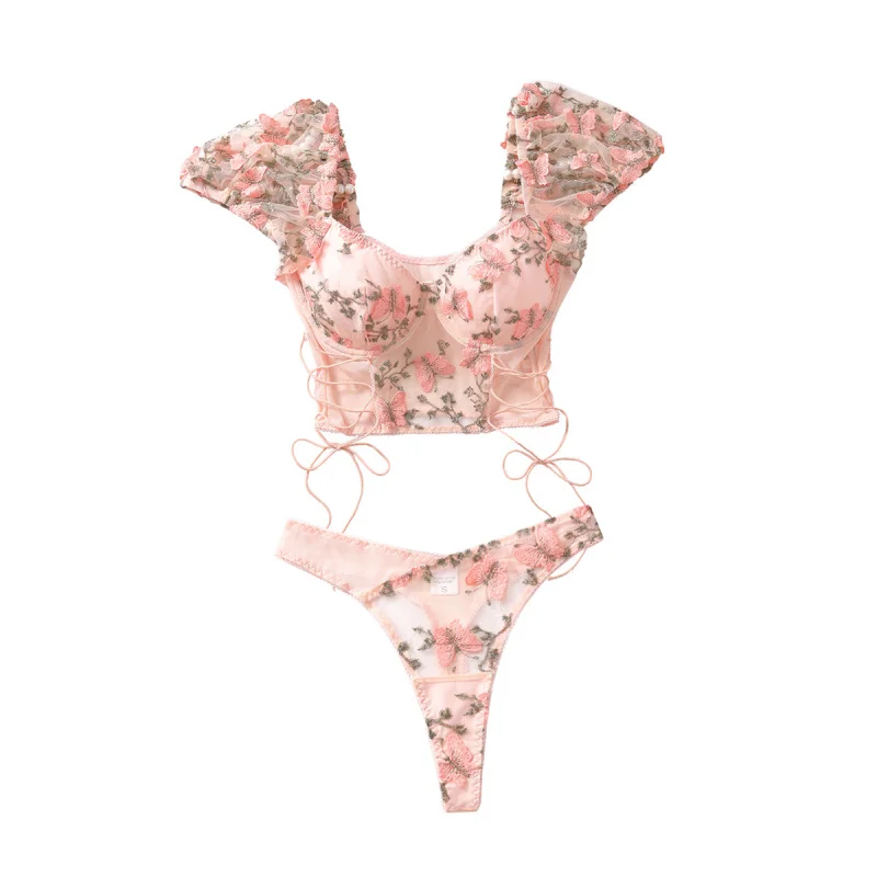 2025Модное сексуальное женское белье, прозрачный топ с цветочной вышивкой в стиле пэчворк, топ с объемными рукавами, комплект из двух предметов на косточках