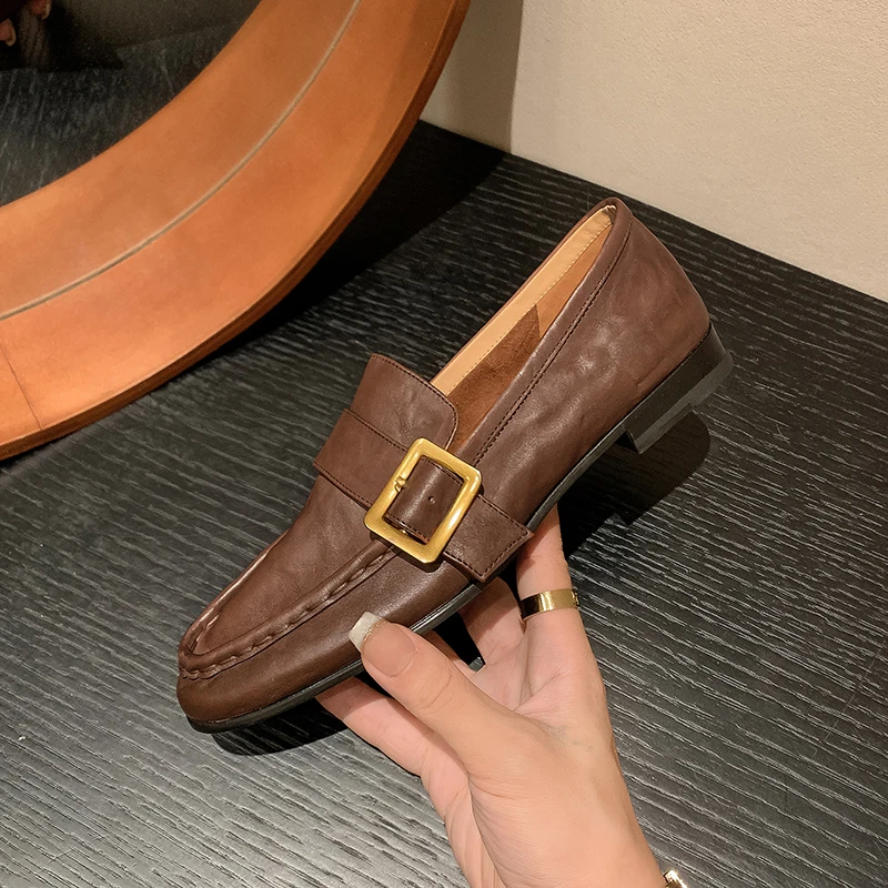 Womens Flats Spring Autumn Buckle Mules Classic Style Simple Shoes Cow Leather Square Toe Slip On Loafers Woman Work Daily Shoe