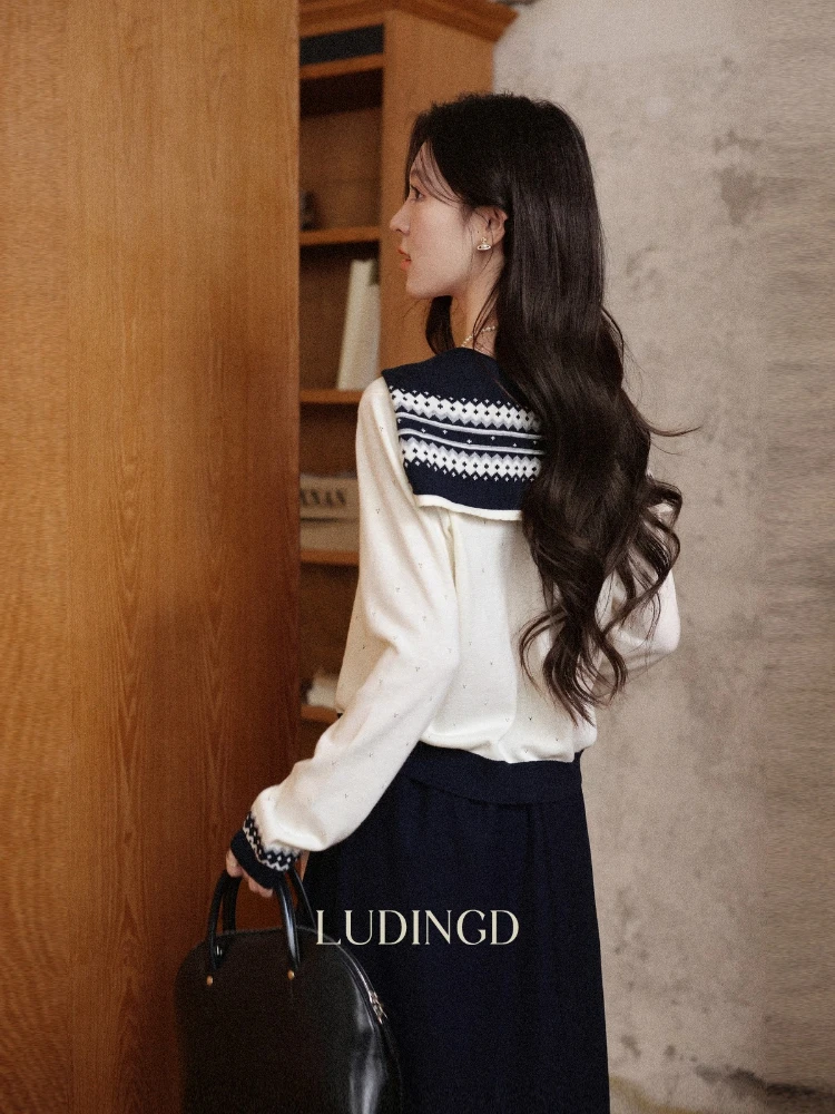 ALXNAN Strickpullover in Übergröße, Matrosenkragen, reguläre Passform, ausgehöhltes Design, Herbst, vielseitig, lässig, Pendeln, kurze Tops, D57625