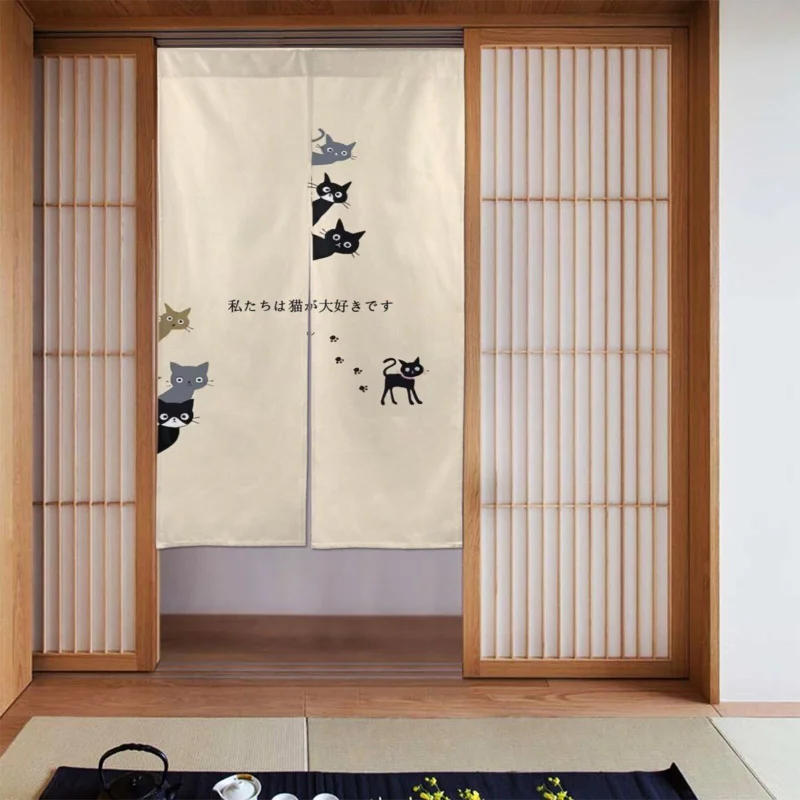 VIKAMA Japanese-Style Cat Pattern Door Curtain Privacy Screening And Decorative Function Suitable For Bedrooms And Kitchens