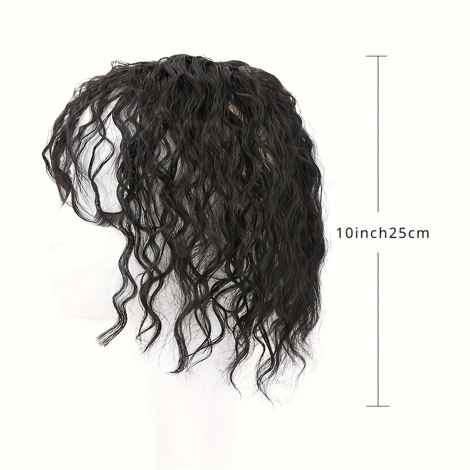 Short bob wig with bangs, wave pattern, thin top hairpiece for covering white hair, synthetic wig piece view 3