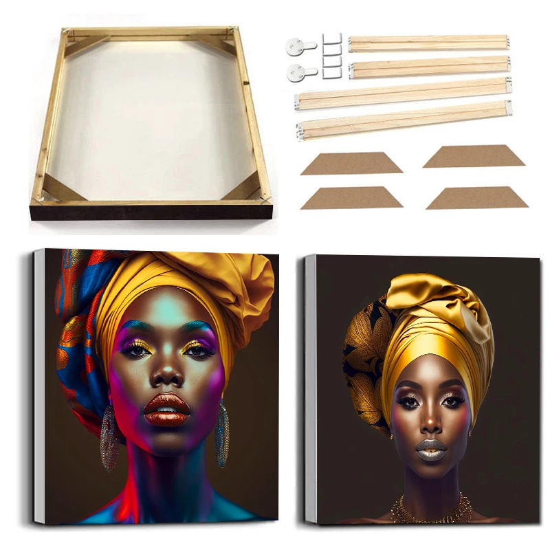 Face Graffiti African Black Woman Wall Art Canvas Painting with Frame Turban Feathers Indian Couple Luxury Poster Golden Picture