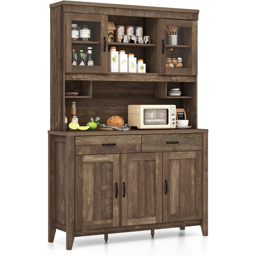 78.5” Pantry Cabinet with Microwave Countertop，Double Glass Doors，2 Storage Drawers & 6 Adjustable Shelves，Buffet Hutch Cabinet