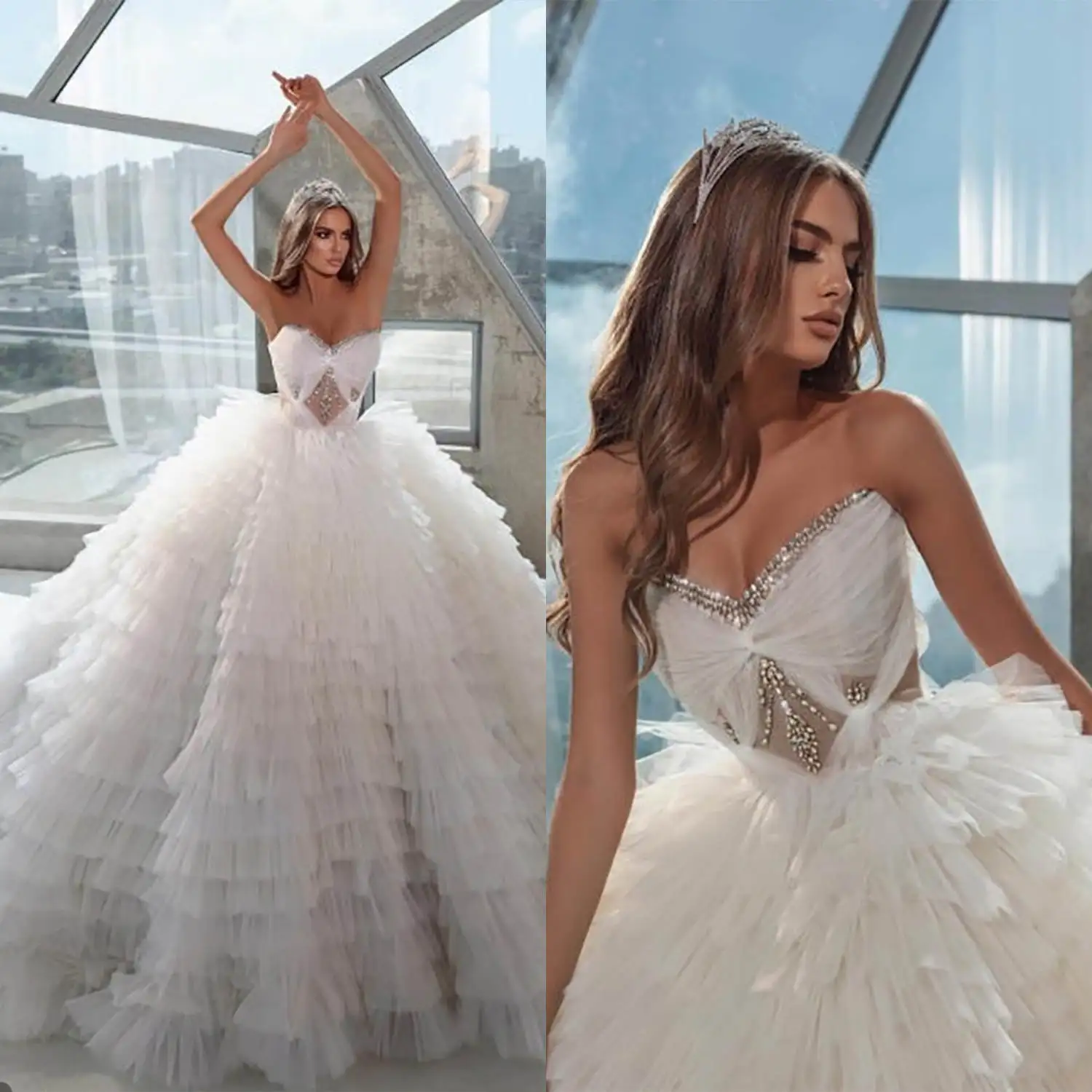 Robe de mariée sans bretelles avec biscuits perlés, robes de patients en tulle, boule de princesse, train de balayage à plusieurs niveaux personnalisé, quelle que soit la mariée