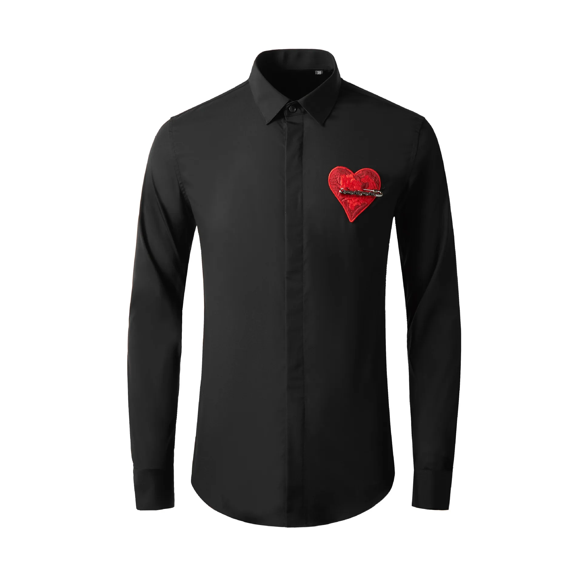 Men's long sleeved needle punched heart logo, fashionable decoration, trendy elements, trendy men's slim fit top in stock