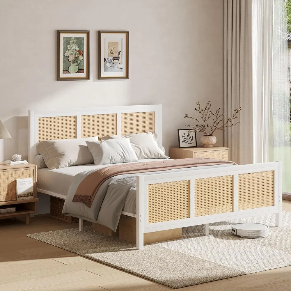 Rattan Bed Frame Queen, Boho Bed Frame with Headboard, Queen Platform Bed Frame with Strong Metal Slats, No Box Spring Needed, N