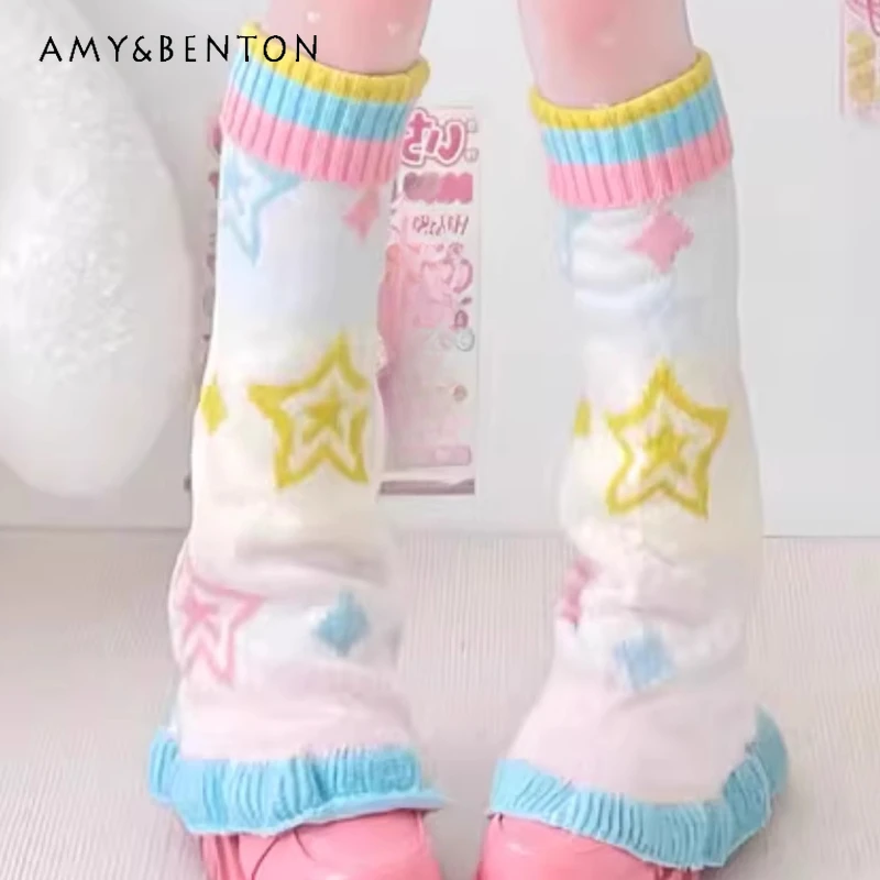 Japanese Design Flared Hosiery Colorful Y2K Star Comic Autumn Winter New Sweet Girl Y2k Knitted Wide Leg Socks Warmers Ladies