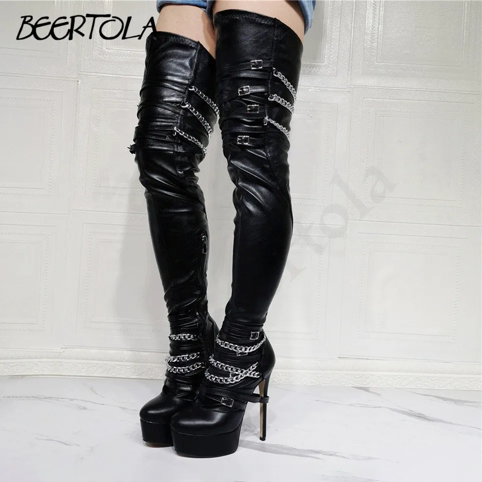 

Women's Black Chain Elastic Thigh Boots High Heels Over The Knee Large Size Side Zipper Thigh-High Platform Fashionable Boots