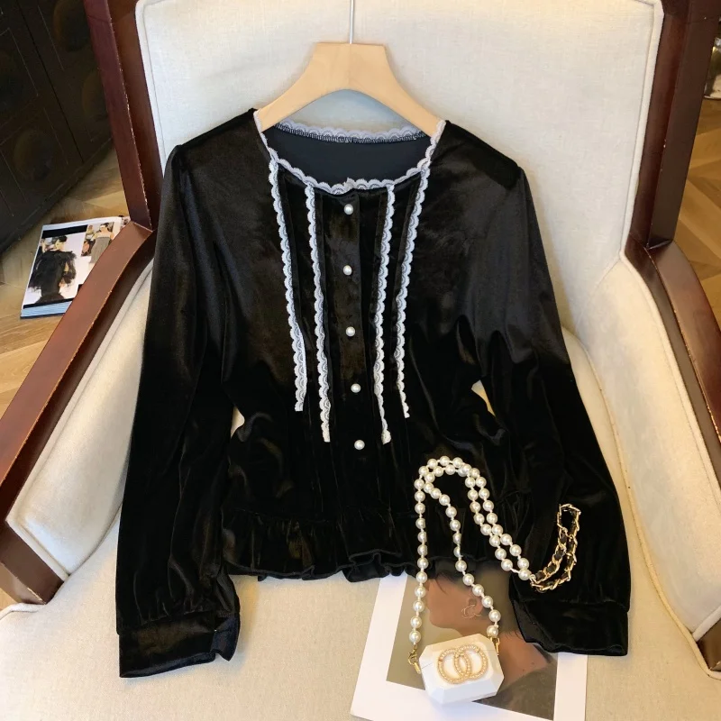

Women's Black Gothic Casual Velvet Shirt round Neck Long Sleeve French Elegant Aesthetic High Street Office Autumn Winter Top