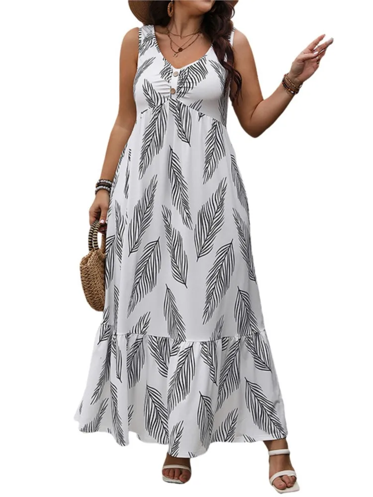 Plus Size Summer V-Neck Sleeveless Slip Dress Women Print Fashion Loose Ruffle Pleated Ladies Dresses Holiday Woman Long Dress